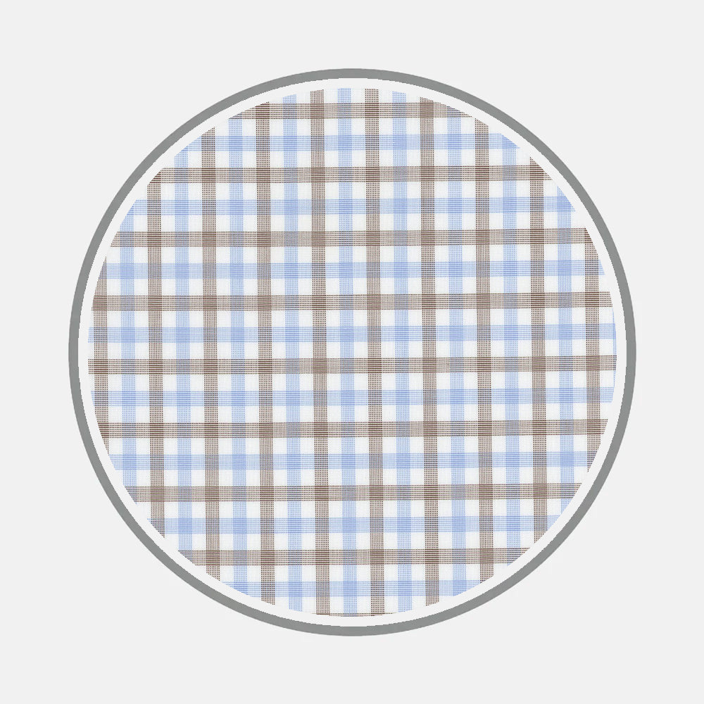 Bespoke Fabric 0095 32 by Turnbull & Asser features a circular plaid design in light blue, brown, and white with a gray border on white—perfect inspiration for custom shirt monogram or bespoke shirt styles.