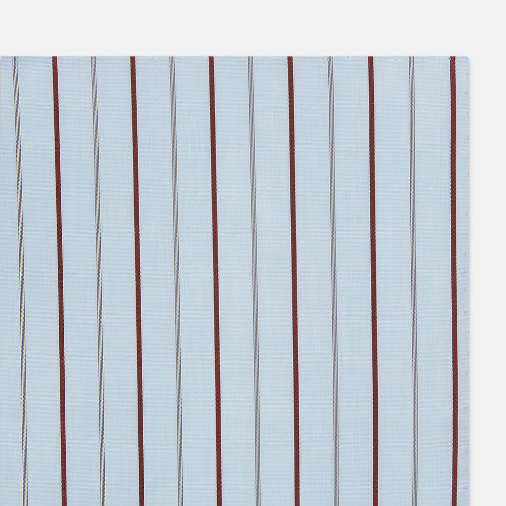 The Turnbull & Asser Burgundy Wide Pinstripe Hand-Rolled Handkerchief features bold burgundy stripes with hand-rolled edges, displayed flat on a white background for an elegant look.
