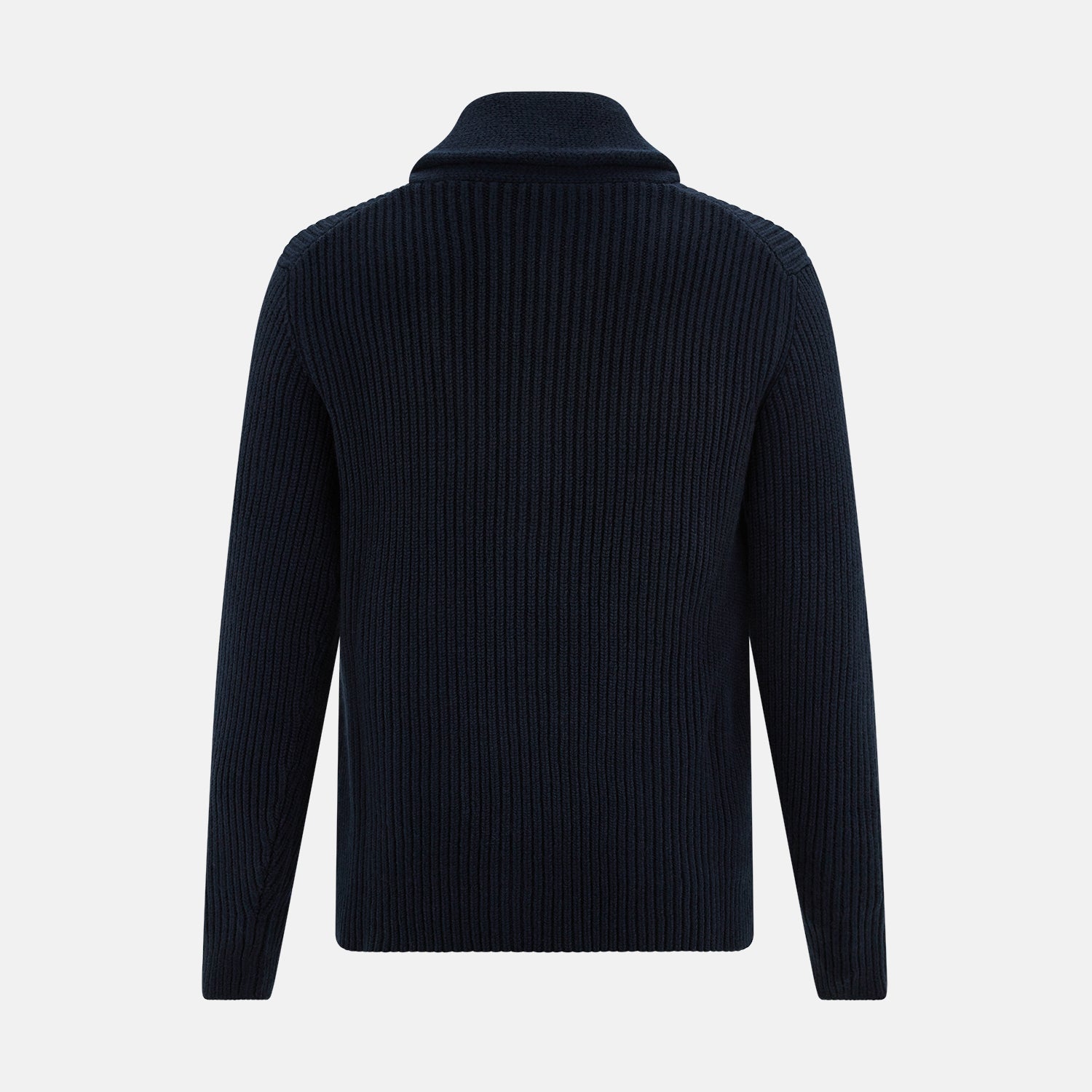 View 3 of product The Turnbull & Asser Midnight Blue Cashmere Shawl Collar Cardigan features ribbed fabric, five black front buttons, a shawl collar, and two front patch pockets, shown against a plain light background.