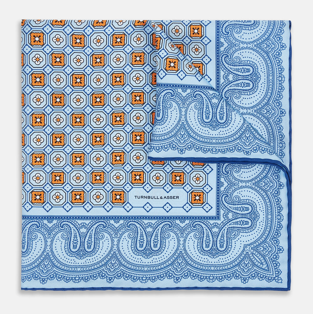 Blue Floral Tile and Paisley Silk Pocket Square