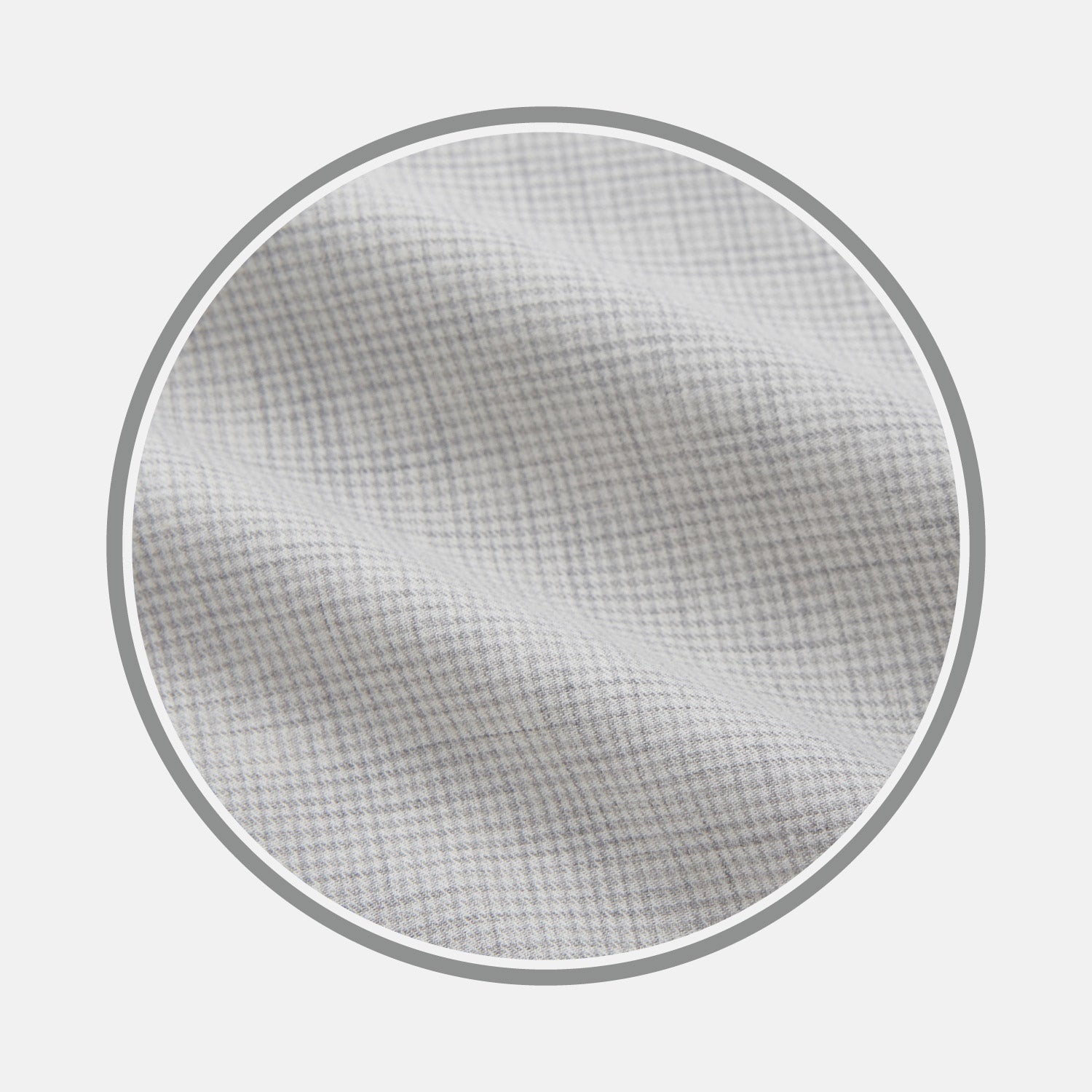 View 1 of product Close-up of Turnbull & Asser's NEW BESPOKE FABRIC 0124 31 in light gray with a subtle checkered pattern—ideal for a tailored shirt. Displayed within a circular frame on white, the soft fabric features gentle folds.