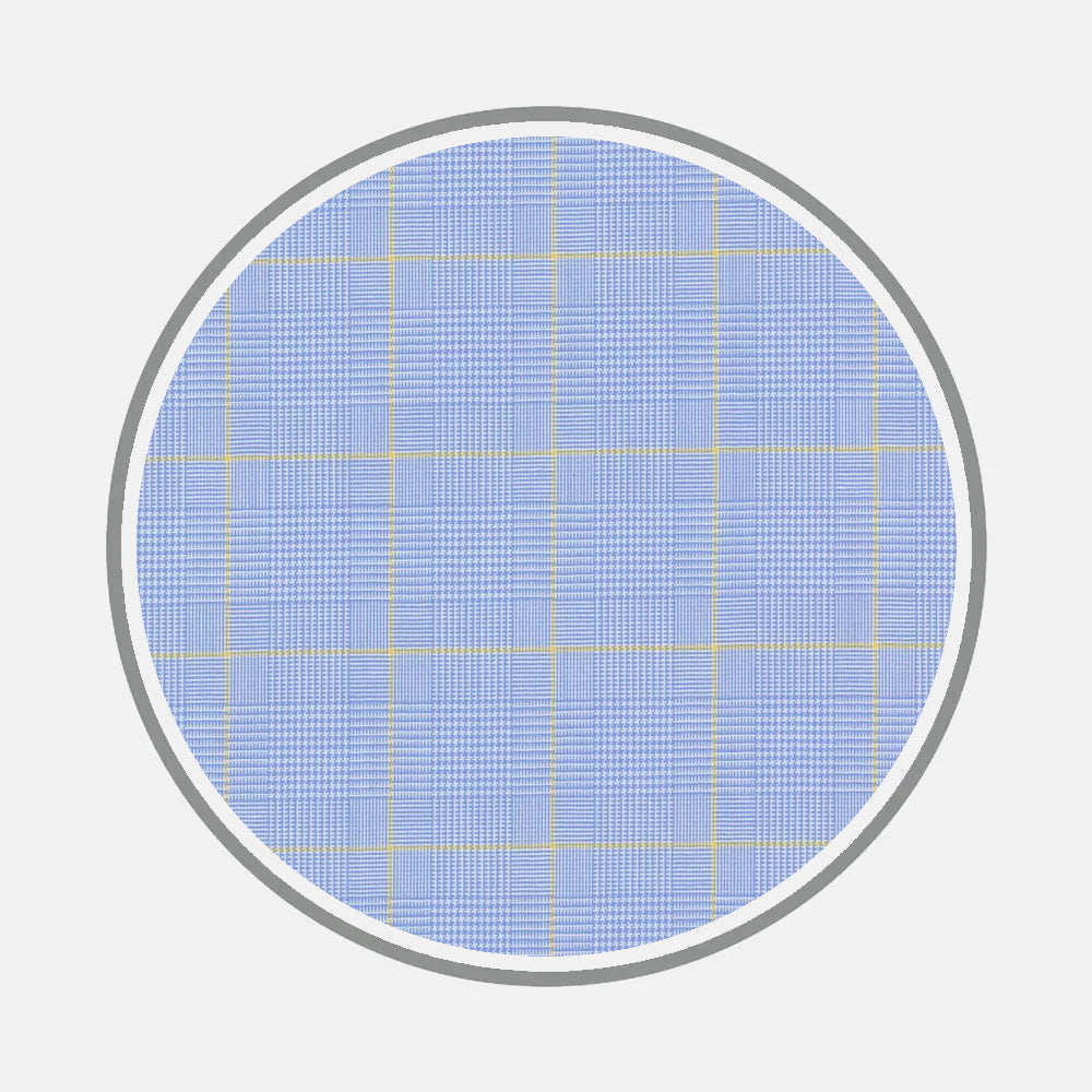Turnbull & Asser's Bespoke Fabric 0125 35 features thin yellow lines forming a checkered grid of squares on blue, bordered in gray—monogram-inspired—within a circle set against white.