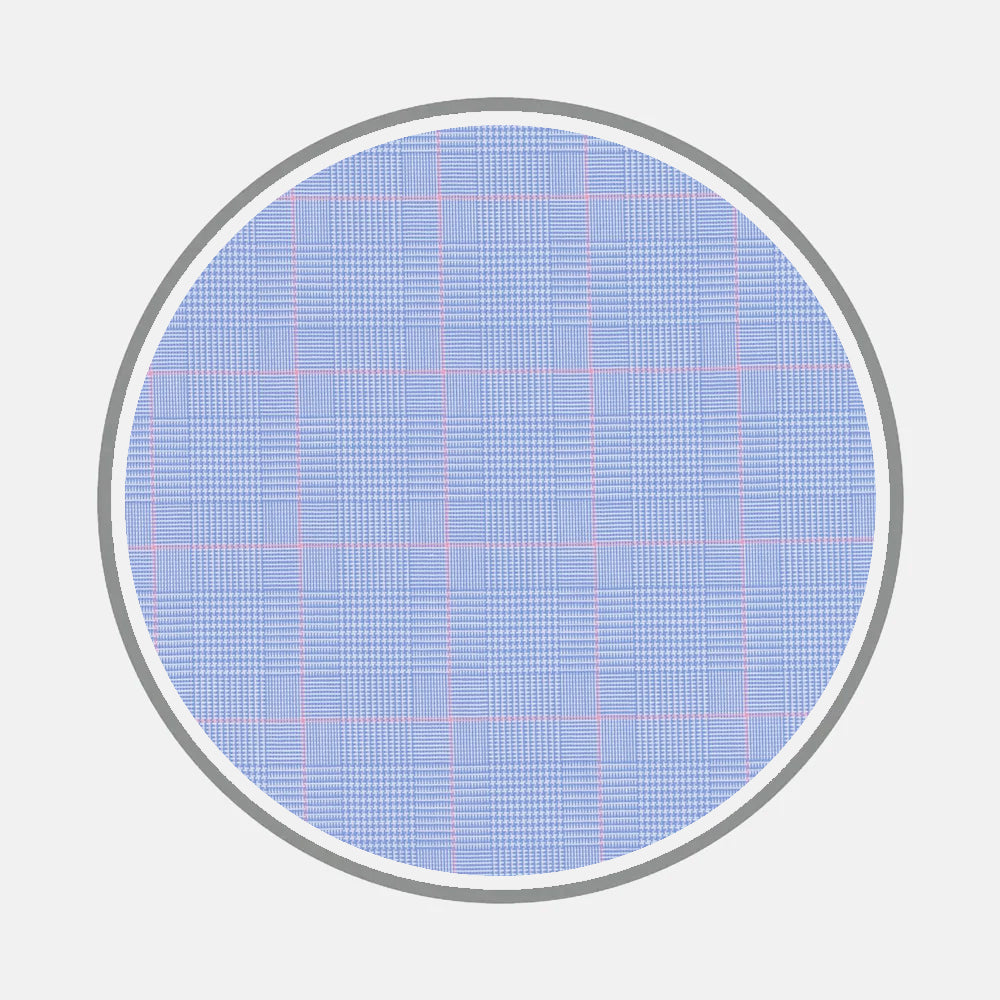 Bespoke Fabric 0125 37 by Turnbull & Asser features a circular pattern of light blue and white plaid with thin red lines, bordered in thick gray, evoking classic custom shirts on a plain white background.