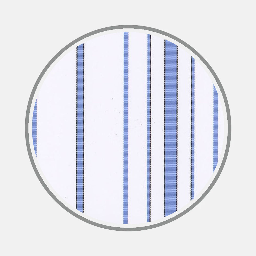 A close-up of Turnbull & Asser's Bespoke Fabric 0164 06, featuring blue and black vertical stripes on white—ideal inspiration for your next custom shirt or unique monogram design.
