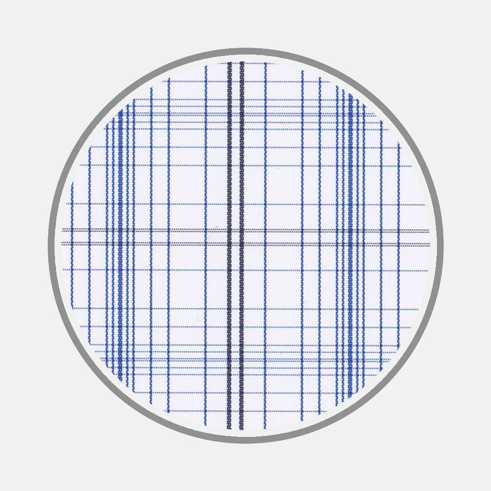 Bespoke Fabric 0169 32 by Turnbull & Asser features intersecting blue and black grid lines on white, bordered in gray, evoking classic bespoke shirt fabrics.