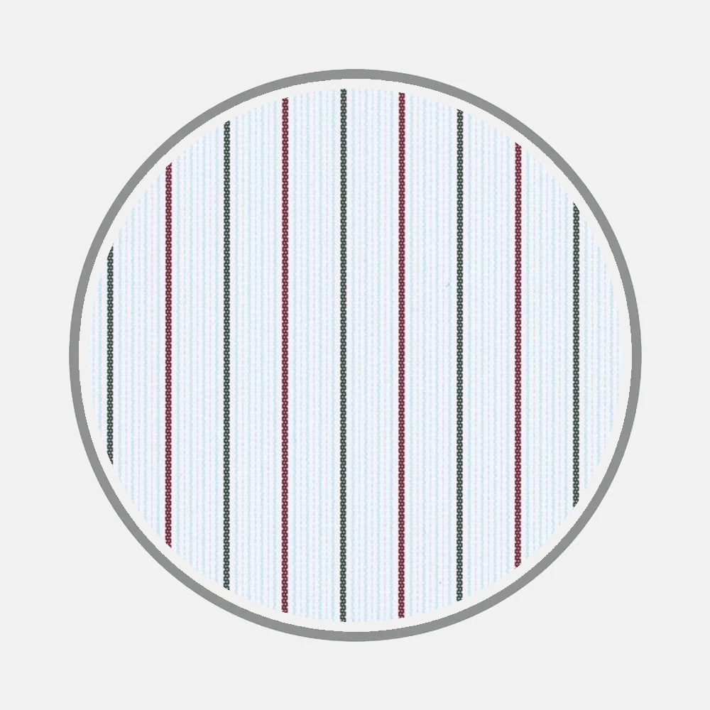Bespoke Fabric 0174 39 by Turnbull & Asser features a circular pattern with evenly spaced red, green, and blue stripes on a light background, bordered by a gray ring—echoing classic monogram or bespoke shirt designs.