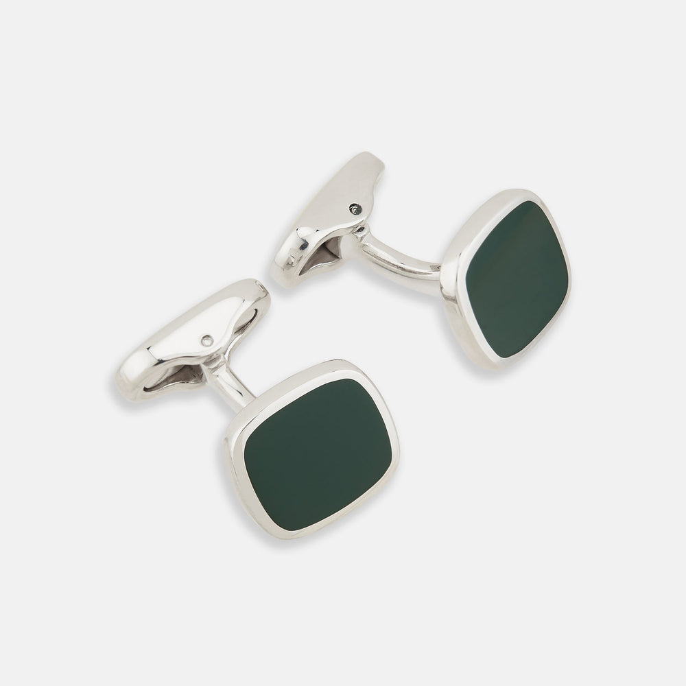 Turnbull & Asser's Green Rounded Square Cufflinks feature sterling silver and dark green faces—sophisticated formal accessories perfect for elevating any refined ensemble.