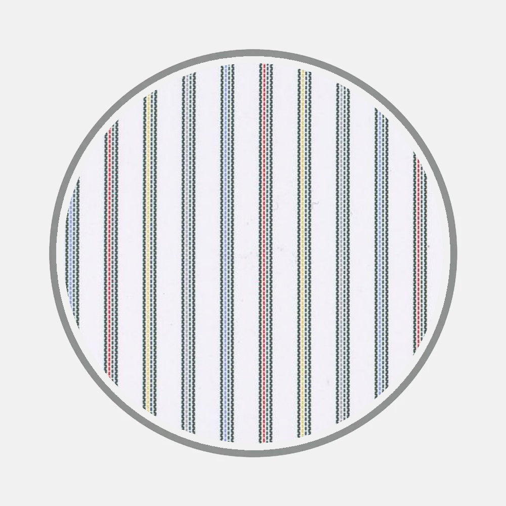 Turnbull & Asser's Bespoke Fabric 0180 39 features a circular swatch of white fabric with black, blue, yellow, and red vertical stripes edged in gray—perfect for custom shirts.