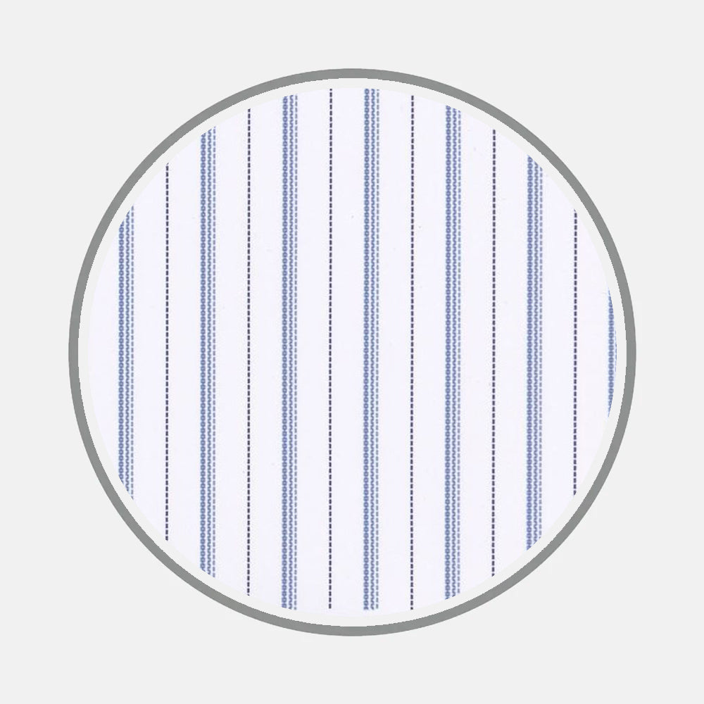 A close-up of Turnbull & Asser's Bespoke Fabric 0183 06 shows white fabric with vertical blue stripes, perfect for tailored shirts, displayed in a circular frame against a light gray background.