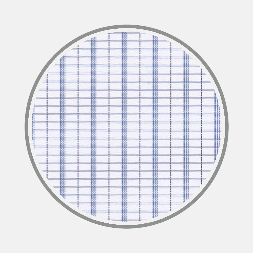 Turnbull & Asser’s Bespoke Fabric 0184 06 features intersecting thin blue lines on white in a circular grid pattern with bold verticals and a gray border, inspired by classic monogrammed shirts.
