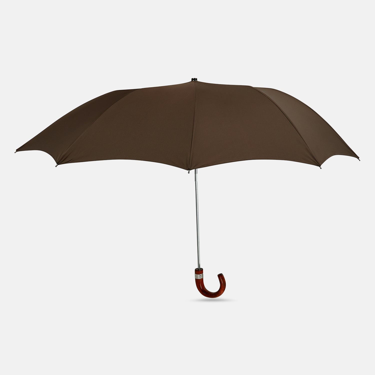 View 1 of product The Turnbull & Asser Brown Telescopic Umbrella features a brown maple crook handle and a metal shaft, shown open against a plain white background.