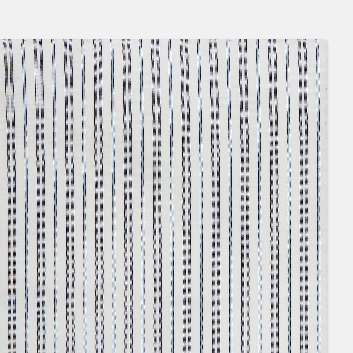Image 2 of product The Turnbull & Asser Navy and Light Blue Track Stripe Hand-Rolled Handkerchief features vertical stripes in blue, black, and gray on white with hand-rolled edges, expertly crafted in England.