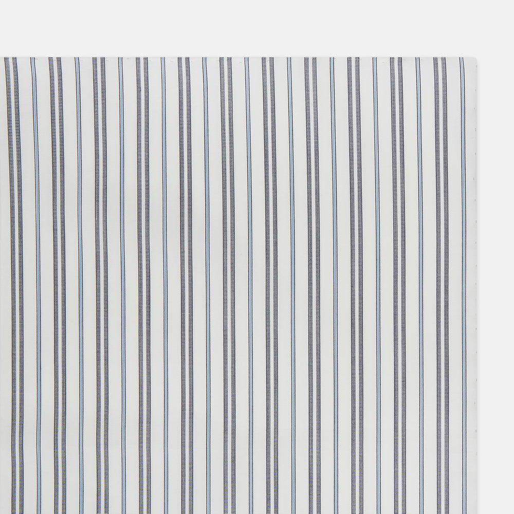 The Turnbull & Asser Navy and Light Blue Track Stripe Hand-Rolled Handkerchief features vertical stripes in blue, black, and gray on white with hand-rolled edges, expertly crafted in England.