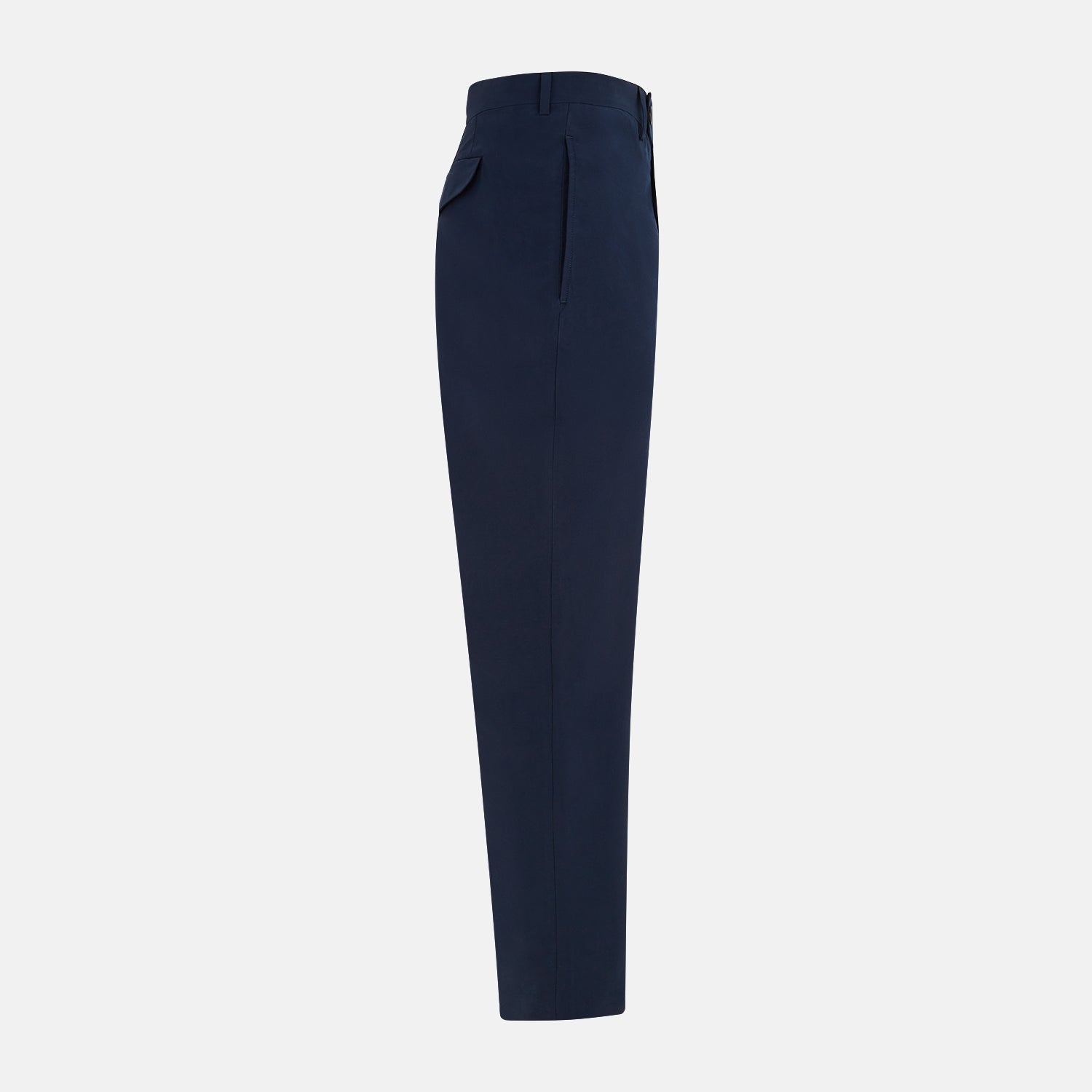 View 4 of product Turnbull & Asser Navy Winston Trousers in high-twist cotton, featuring a straight-leg cut, button and zipper closure, belt loops, and side pockets, displayed on a plain white background.