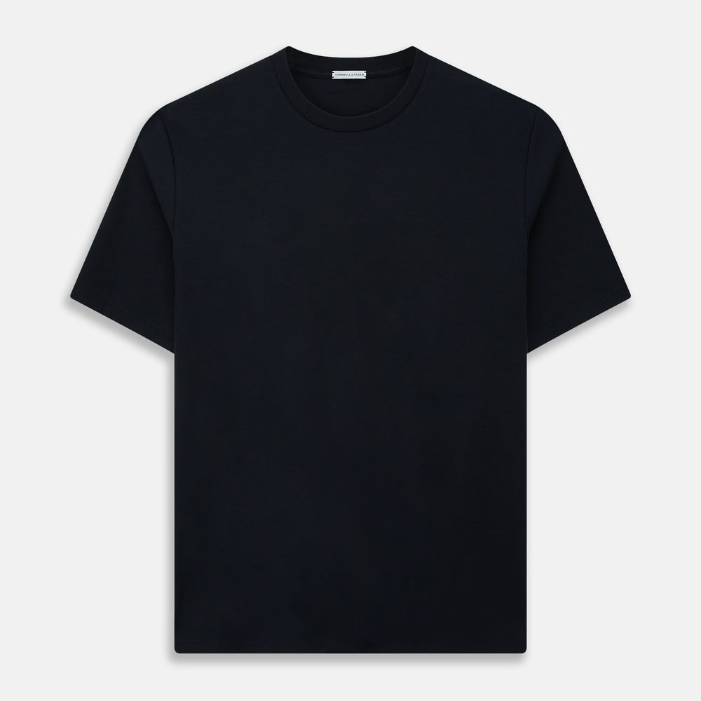 A versatile, high-quality navy short-sleeve t-shirt by Turnbull & Asser, featuring a classic crew neckline, laid flat on a white background.