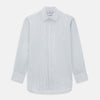 View 1 of product The Turnbull & Asser Sky Blue Combination Stripe Mayfair Shirt features long sleeves, a T&A collar, buttoned cuffs, and thin vertical stripes in blue, shown on a plain white background.