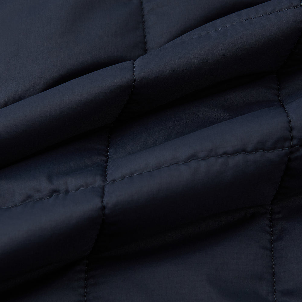 The Turnbull & Asser Battersea Navy Quilted Jacket features a versatile quilted design with a front zipper, zippered pockets, collared neckline, buttoned cuffs, and a subtle square pattern—perfect for the modern gentleman.