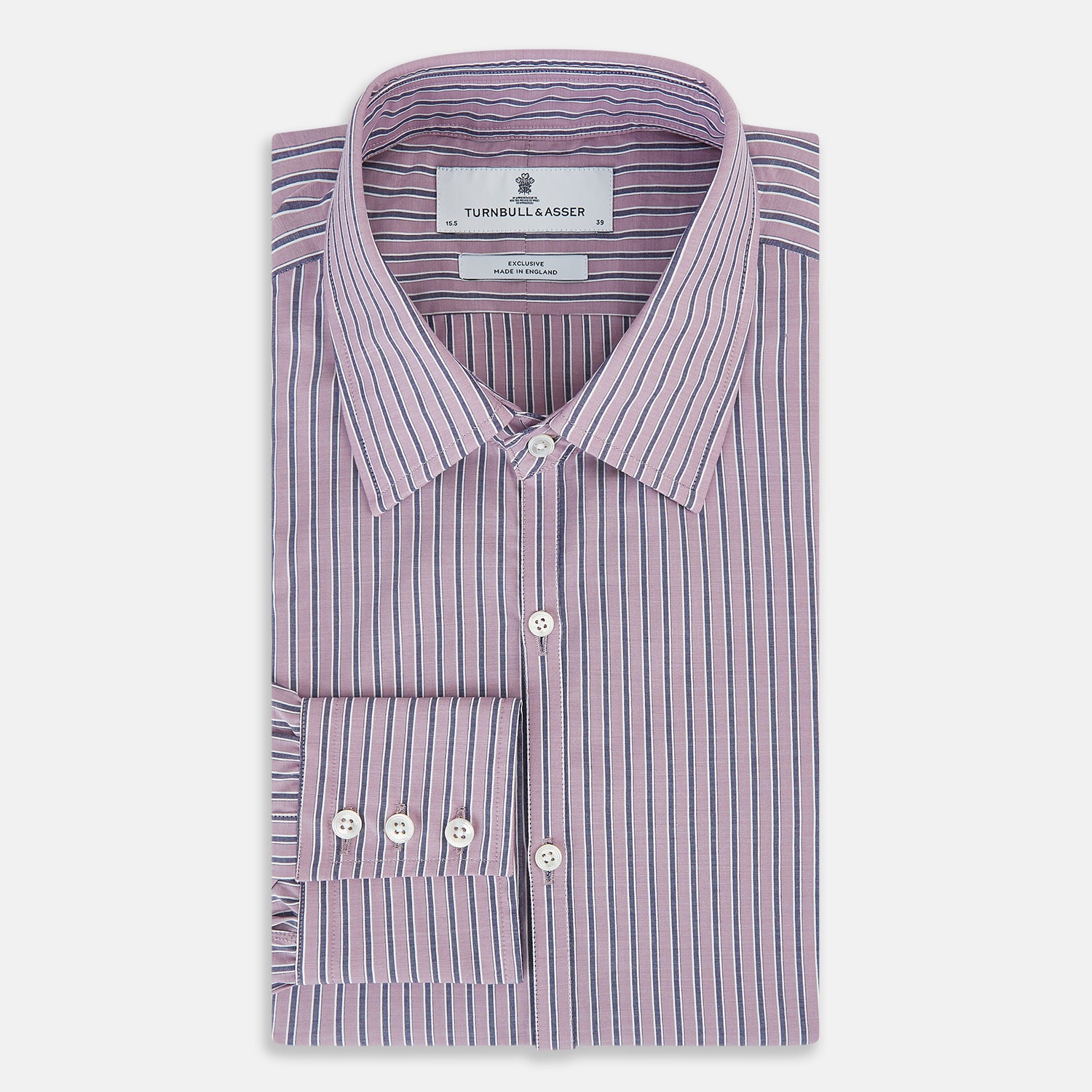 Image 5 of product The Turnbull & Asser Antique Pink Ticking Stripe Westminster Shirt is a collared, long-sleeve button-up with thin vertical pink stripes on white, highlighting British craftsmanship. It’s shown neatly laid flat and fully buttoned.