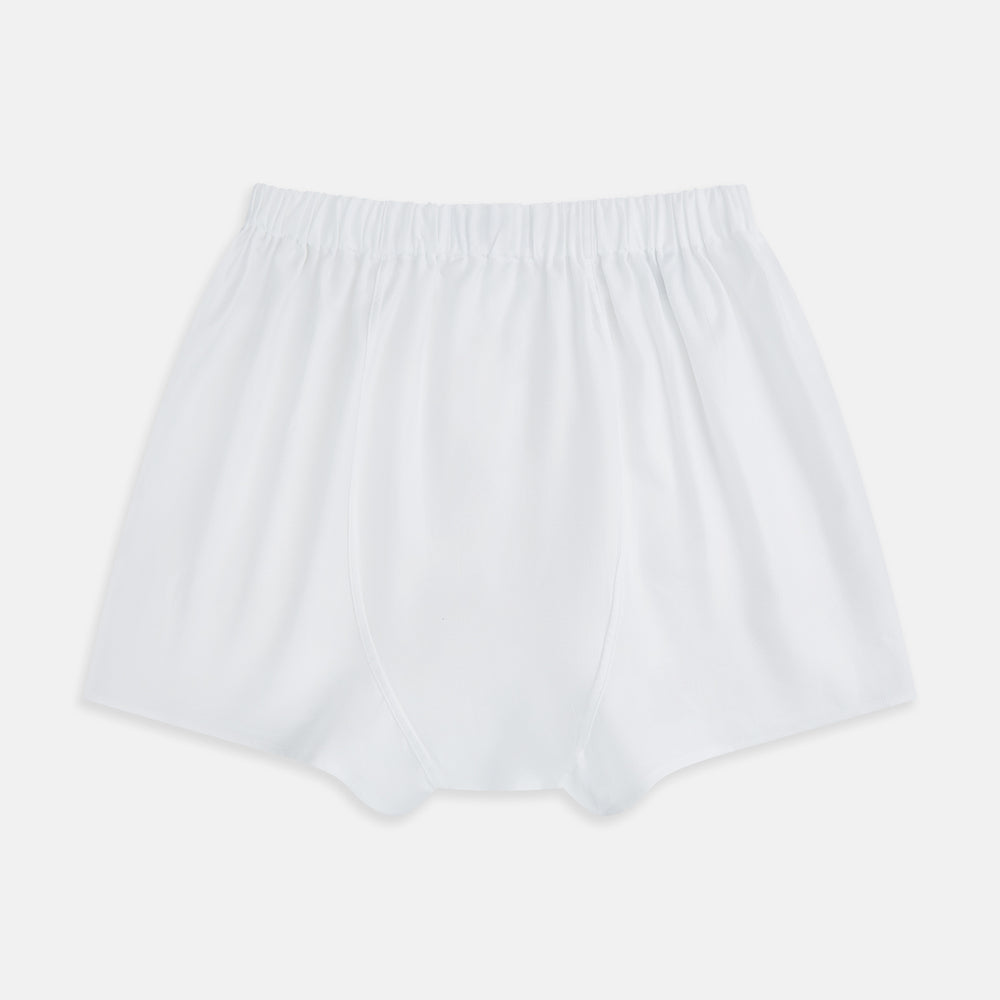 The Plain White Godfrey Boxer Shorts by Turnbull & Asser are crafted from premium Italian cotton with an elastic waistband, shown flat on a white background.
