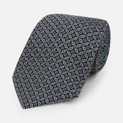 Navy Mélange Paisley and Square Print Silk Tie