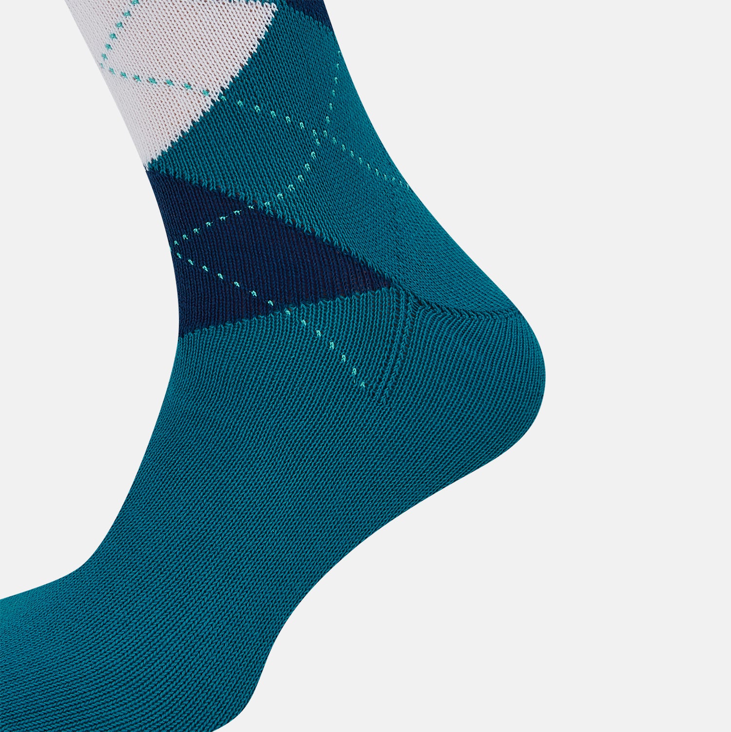 View 4 of product The Turnbull & Asser Azzurro Check Mid-Length Socks feature a classic argyle pattern in navy, white, and dark teal on teal cotton, with ribbed tops for a polished look and added comfort.