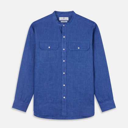 Plain Indigo Linen Weekend Fit Shirt with Stand Collar