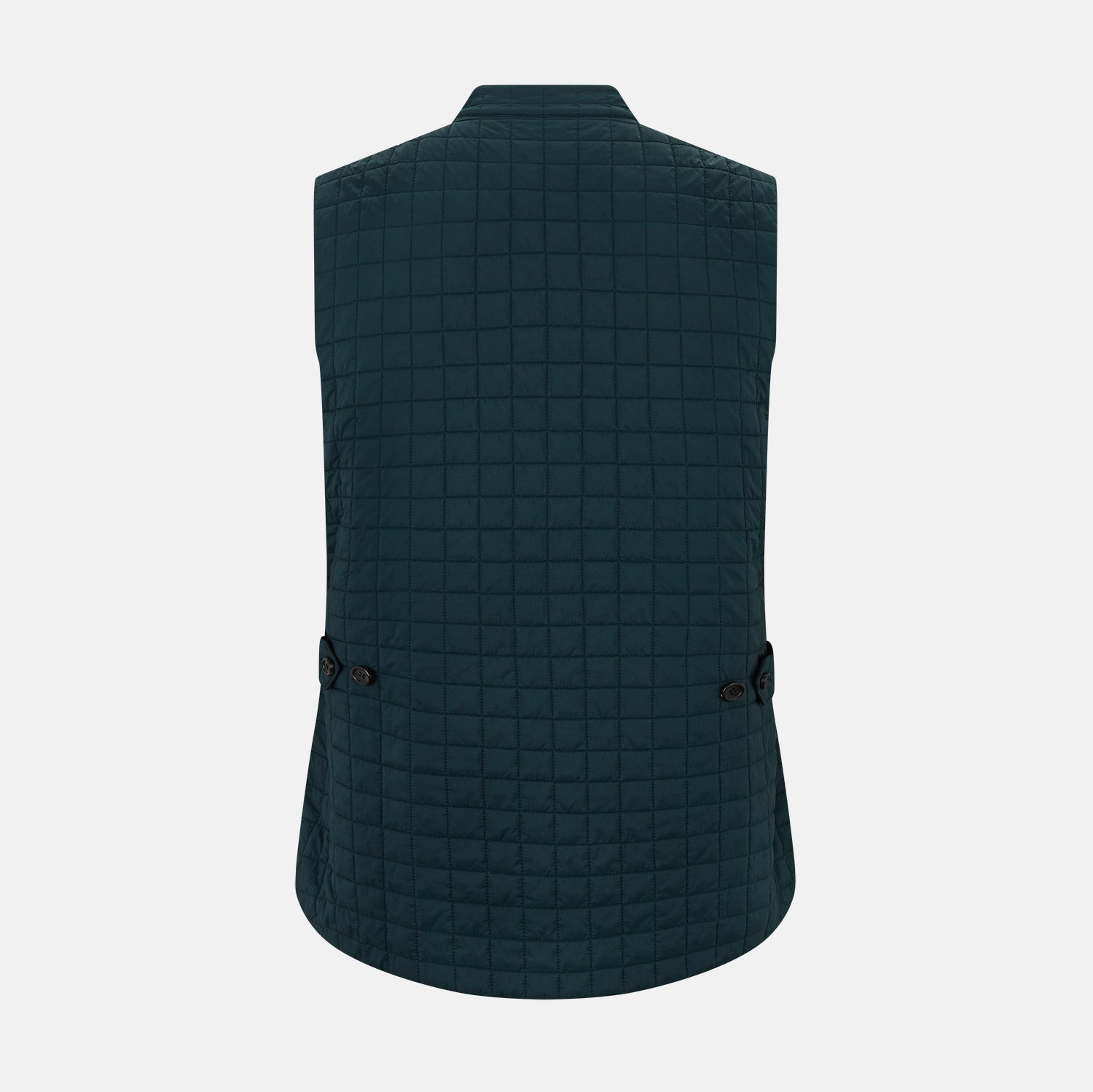 View 3 of product The Turnbull & Asser Forest Green Double-Breasted Quilted Gilet features black buttons, a chest pocket, two zippered side pockets, and an overlapping collar—ideal for layered dressing against a plain white background.