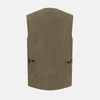 View 3 of product An olive, sleeveless linen twill waistcoat by Turnbull & Asser with a V-neck, five black buttons, two slanted zippered pockets, and a chest pocket, shown against a plain white background.