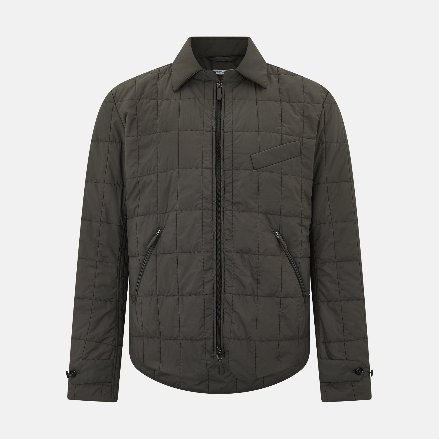 View 1 of product The Battersea Shadow Grey Quilted Jacket by Turnbull & Asser features a front zipper, buttoned cuffs, pointed collar, and multiple pockets—an ideal choice for the modern gentleman. Shown on a plain white background.