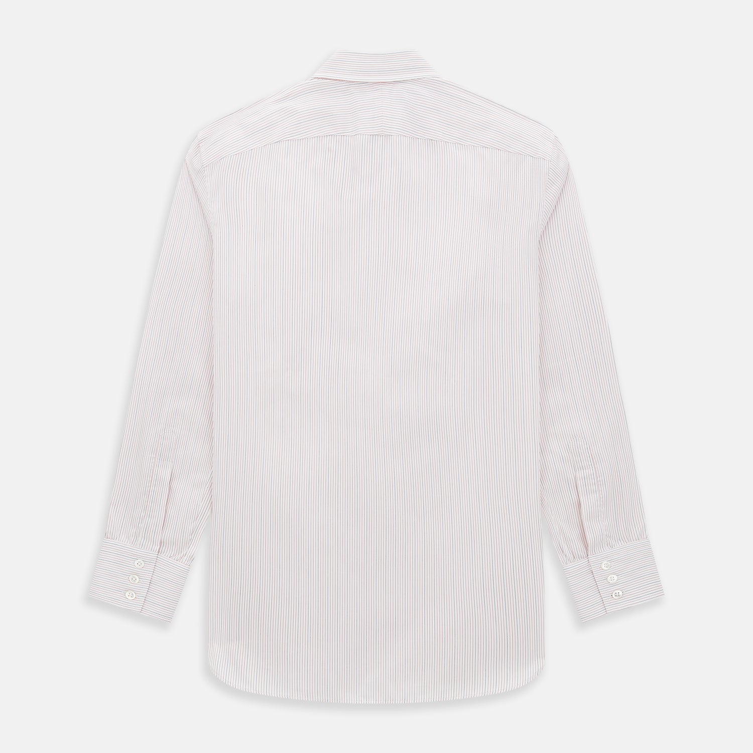 View 3 of product The Red Hairline Stripe Westminster Shirt by Turnbull & Asser features a pointed collar and thin vertical stripes in a light hue, displayed flat against a white background—a fine example of British craftsmanship.