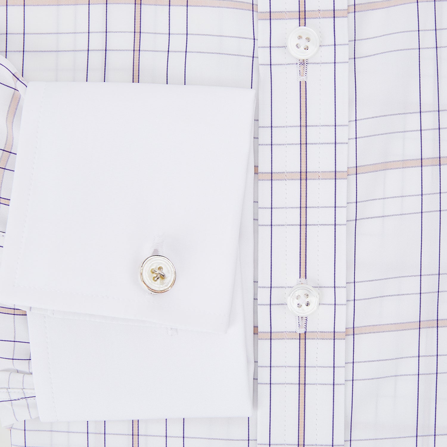 View 4 of product The Turnbull & Asser Purple Multi Plaid Check Shirt features a spread collar, double cuffs, and a fitted silhouette. Its bold plaid pattern and contrast collar add a modern touch to classic British style. Displayed on a plain white background.