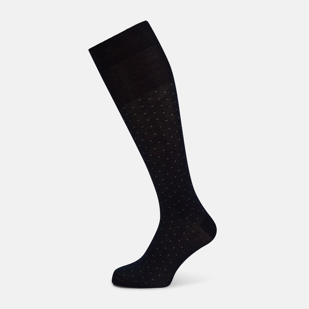 A single Navy/Pale Blue Polka Dot Long Sock by Turnbull & Asser, made from mercerised Egyptian cotton, is displayed against a plain white background.