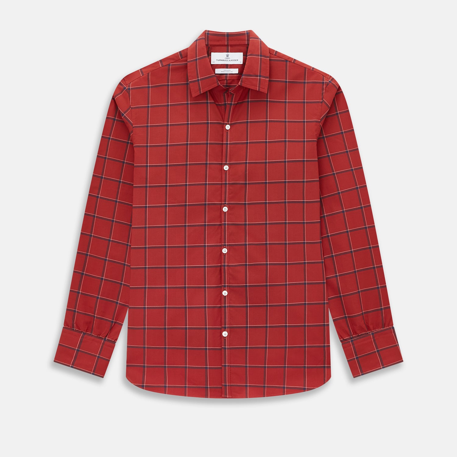 View 1 of product The Turnbull & Asser Dark Red Grid Check Windsor Shirt is a long-sleeved, button-up shirt with a dark red base and black and white grid pattern, displayed flat on a white background.