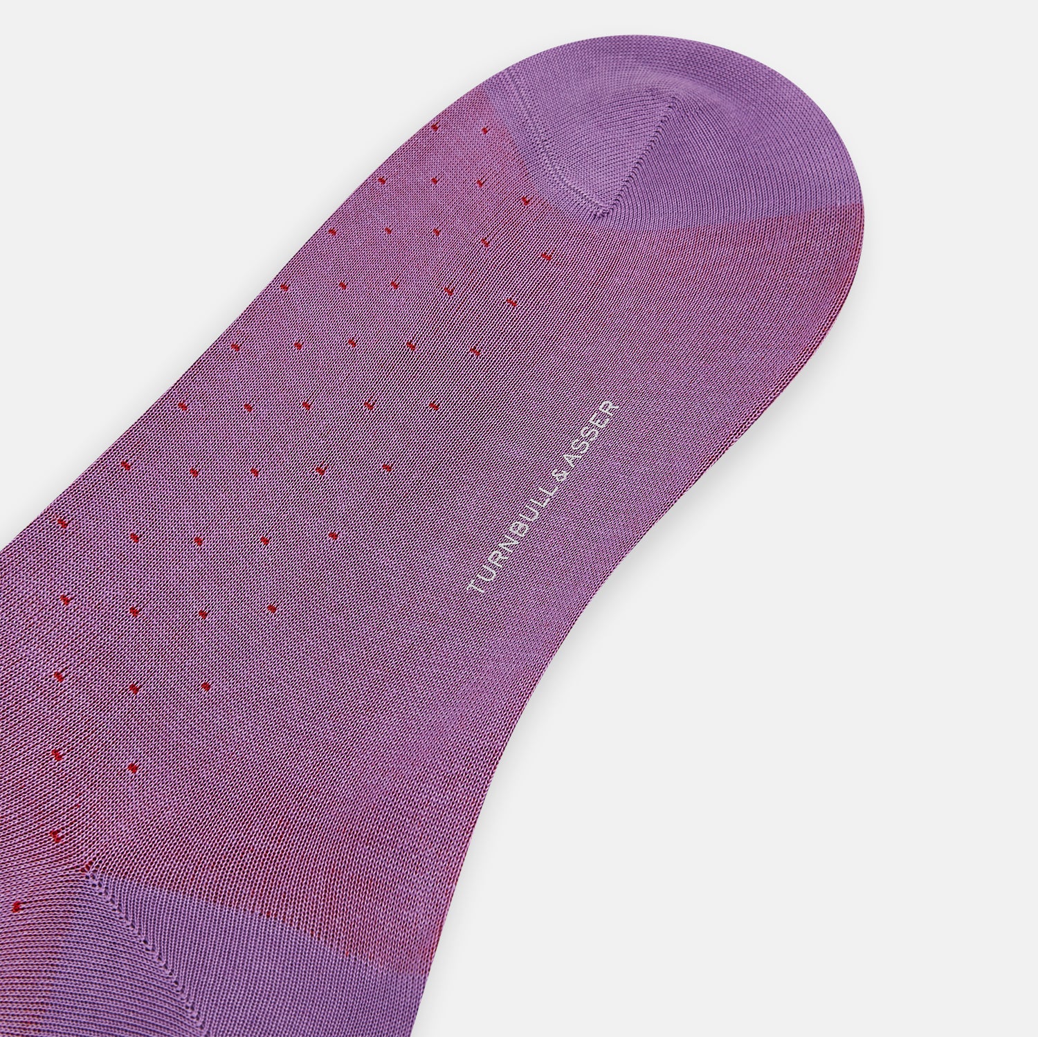 View 3 of product A single Turnbull & Asser Dark Pink/Red Polka Dot Mid-Length Sock featuring a ribbed cuff, displayed on a white background.