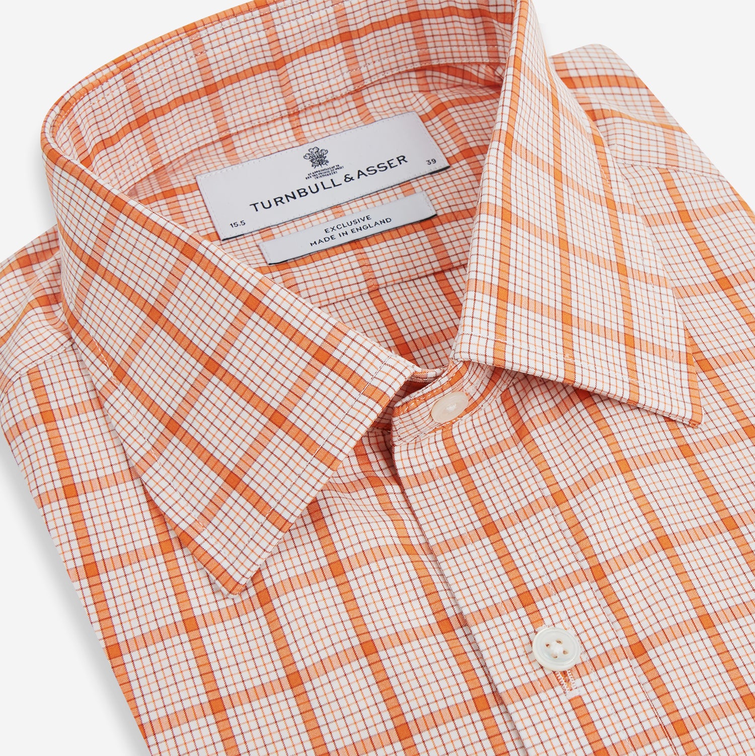 View 2 of product The Turnbull & Asser Orange Graph Overlay Check Mayfair Shirt is a soft organic cotton long-sleeve with button-down front, collar, and cuffs—an ideal capsule wardrobe staple—shown on a plain white background.