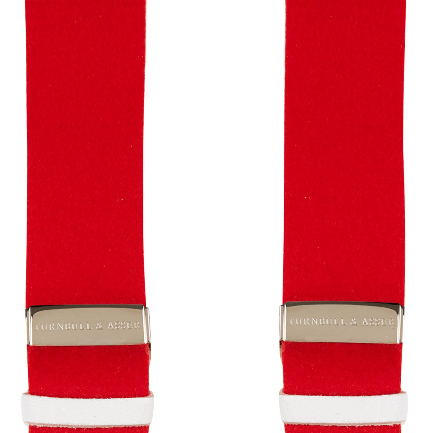View 2 of product Two Red Adjustable Felt Braces by Turnbull & Asser, featuring white leather ends and silver-tone clasps, made in England from classic boxcloth, are laid flat on a white background.