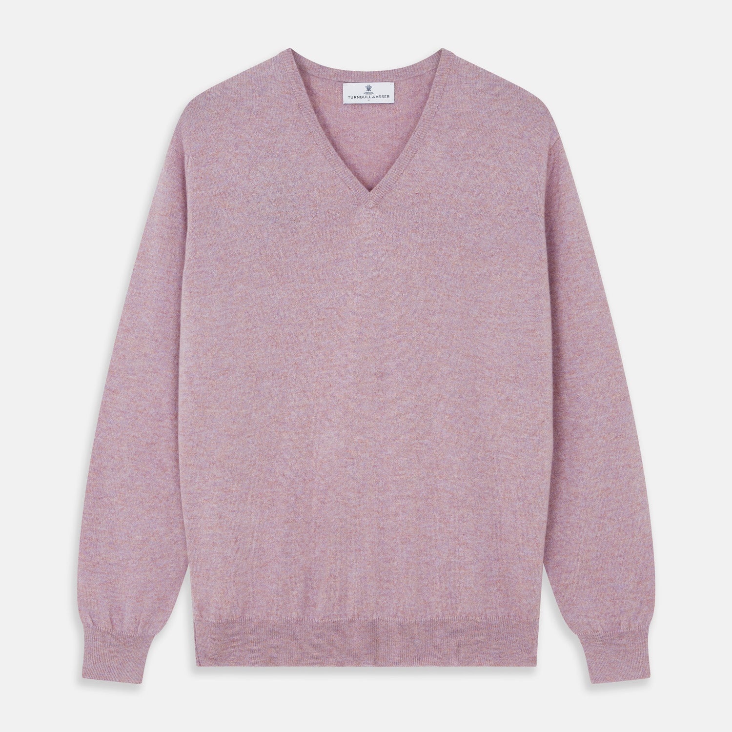 View 1 of product The Turnbull & Asser Lilac Heather Paden Cashmere V-Neck Jumper is laid flat on a white background, showcasing its light purple hue, ribbed cuffs and hem, long sleeves, and soft heathered texture.