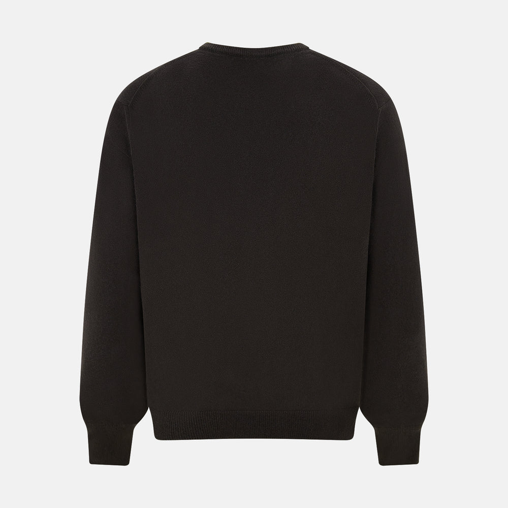 The Turnbull & Asser Dark Brown Cashmere V-Neck Jumper features long sleeves, ribbed cuffs, and a ribbed hem—timeless knitwear shown on a white background, perfect for elevating any wardrobe.