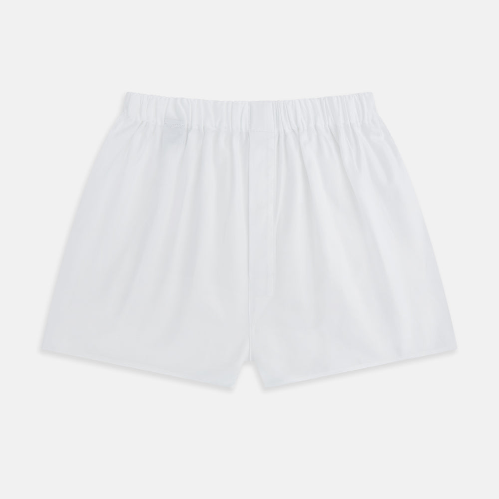 The Plain White Godfrey Boxer Shorts by Turnbull & Asser are crafted from premium Italian cotton with an elastic waistband, shown flat on a white background.