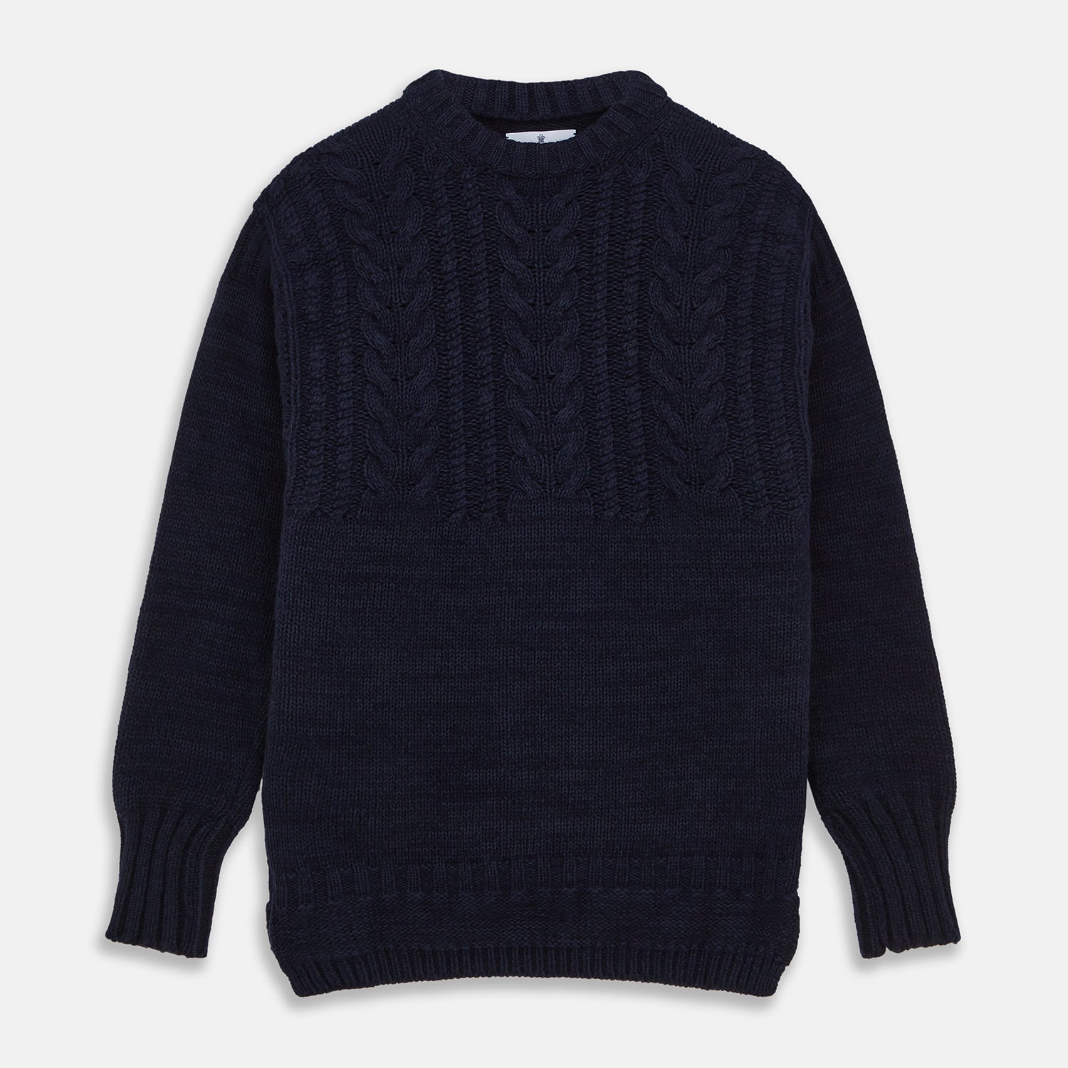 Image 1 of product The Turnbull & Asser Navy Wool and Cotton Blend Albany Guernsey Jumper, shown flat on a white background, features long sleeves, a classic cable knit pattern on the upper half, and ribbed cuffs, hem, and collar.