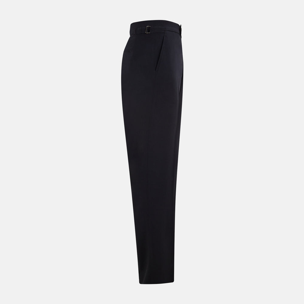 A pair of Midnight Blue Wool Henry Trousers by Turnbull & Asser, with a button closure and straight legs, shown against a plain white background.