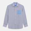 View 1 of product The Turnbull & Asser Blue Multi Stripe Cotton RE-PURPOSE Weekend Fit Finch Shirt features thin blue and white stripes, a contrasting light blue checkered chest pocket, and is crafted sustainably using recycled fabrics.