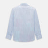 View 3 of product The Turnbull & Asser Blue and Burgundy Multi-Stripe Westminster Shirt features a pointed collar and long sleeves, laid flat on a white background to highlight its fine British craftsmanship.