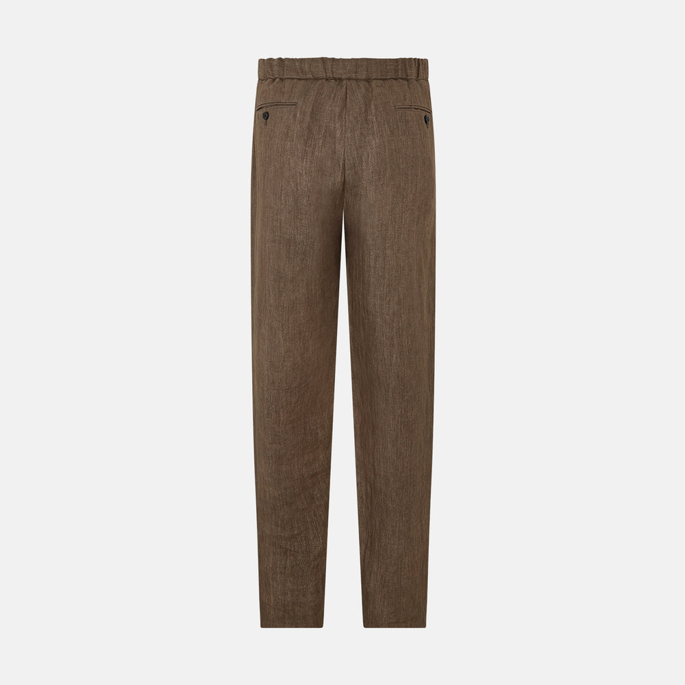 The Turnbull & Asser Pine Cone Linen Herringbone Miles Trousers feature a relaxed fit, elasticated waistband, and drawstring tie, shown against a plain white background.