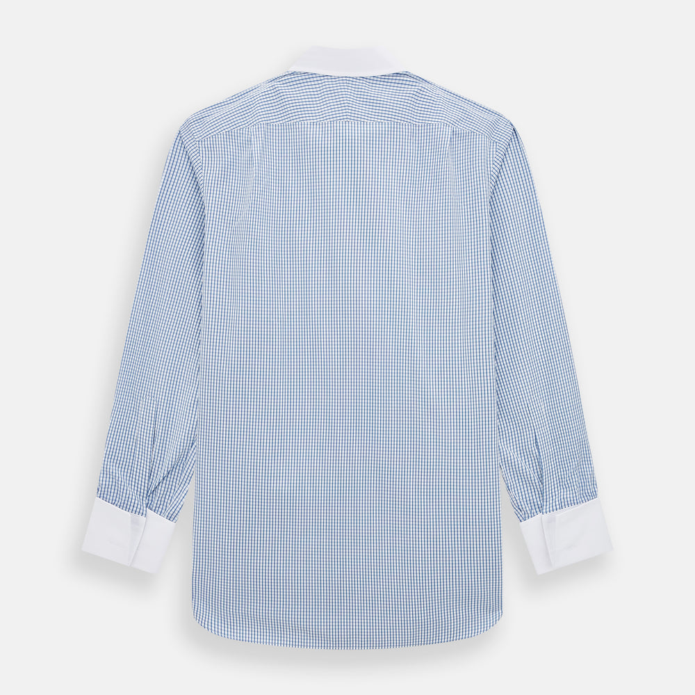 The Turnbull & Asser Sky Blue Micro Shadow Check Shirt features a Mayfair fit, contrast white collar and double cuffs—ideal for formal wear—shown against a plain white background.