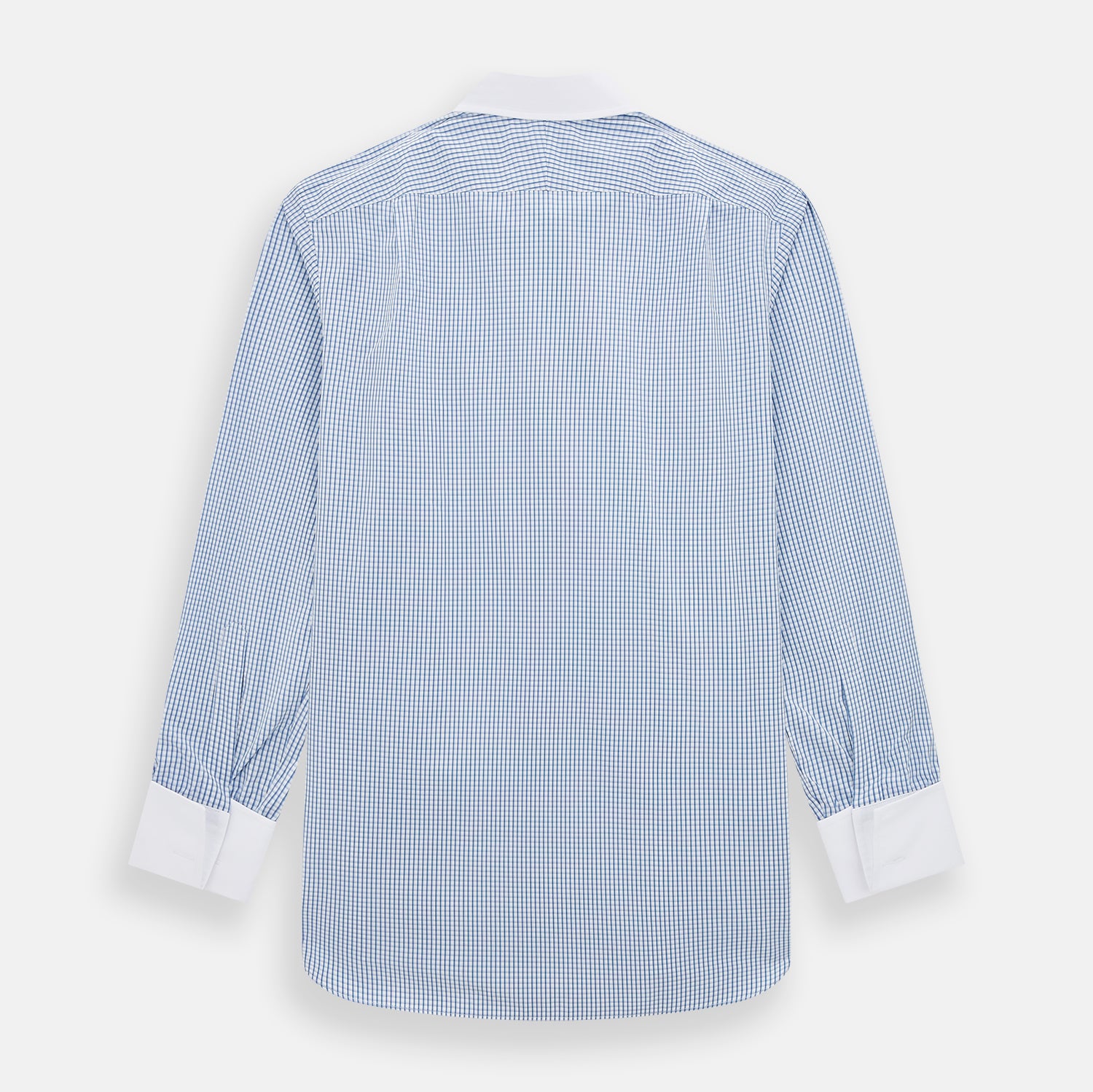 View 3 of product The Turnbull & Asser Sky Blue Micro Shadow Check Shirt features a Mayfair fit, contrast white collar and double cuffs—ideal for formal wear—shown against a plain white background.