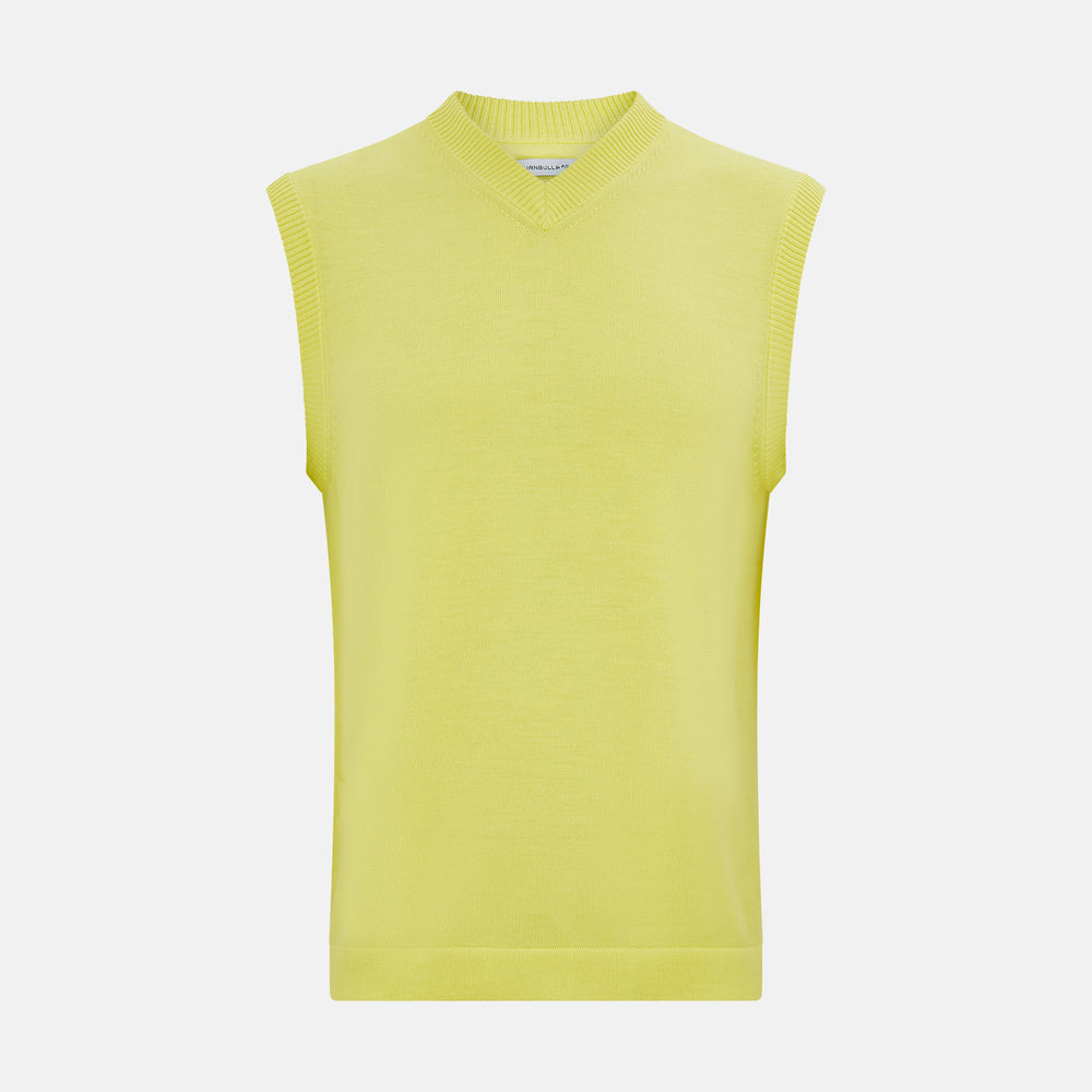 The Bright Yellow Fine Merino V-Neck Vest by Turnbull & Asser is a sleeveless jumper with ribbed edges, shown on a white background—ideal for the refined gentleman who values classic style.