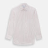View 1 of product The Red Multi Ticking Stripe Mayfair Shirt by Turnbull & Asser features thin red and blue vertical stripes on white, a T&A collar, long sleeves, and button-up design.