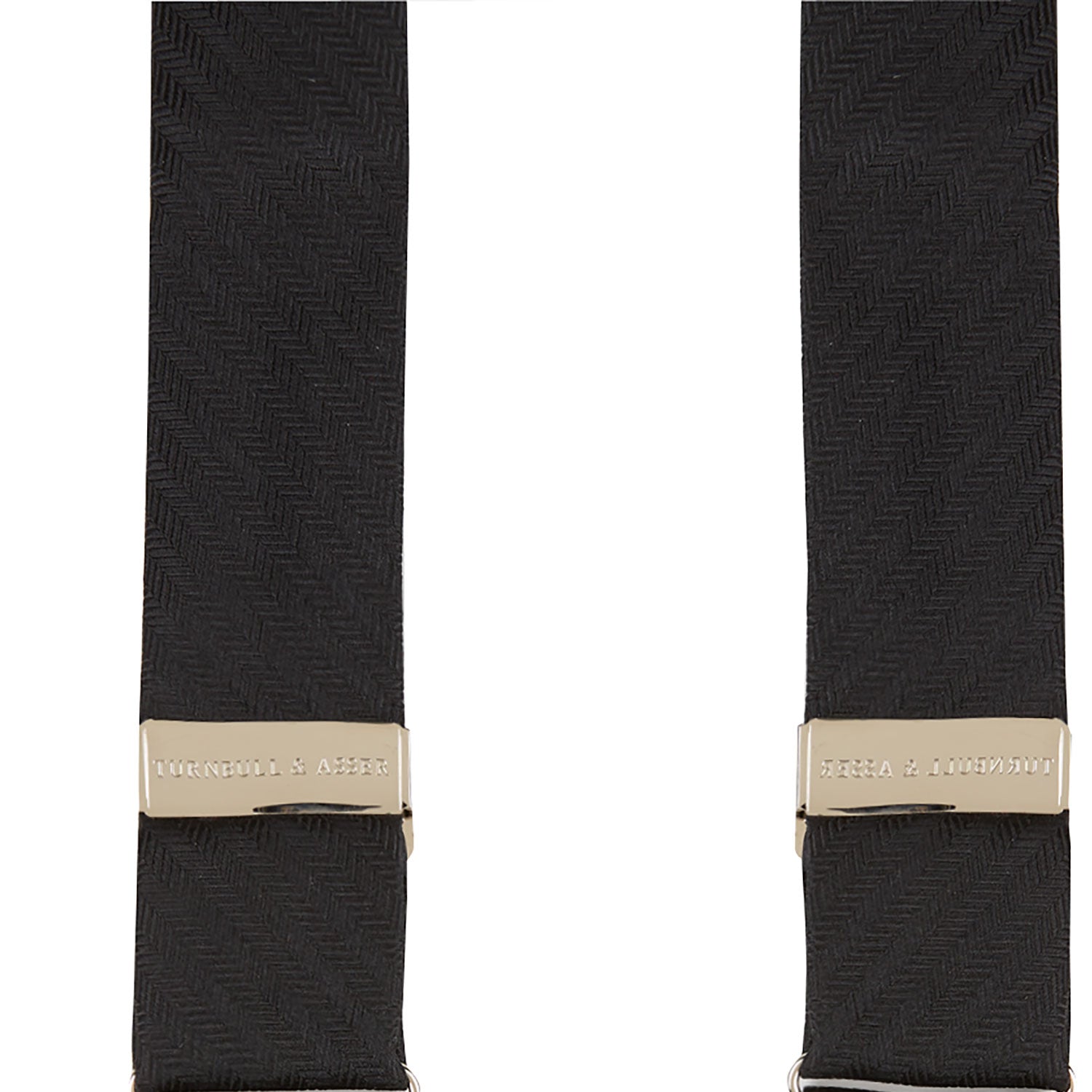 Image 5 of product Turnbull & Asser Black Herringbone Adjustable Silk Braces feature leather button loops and silver adjusters—ideal for refined sartorial style. Displayed on a white background.