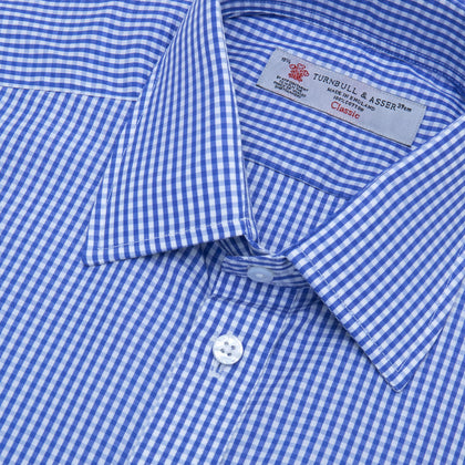 Mid-Blue Gingham Check Shirt with T&A Collar and 3-Button Cuffs